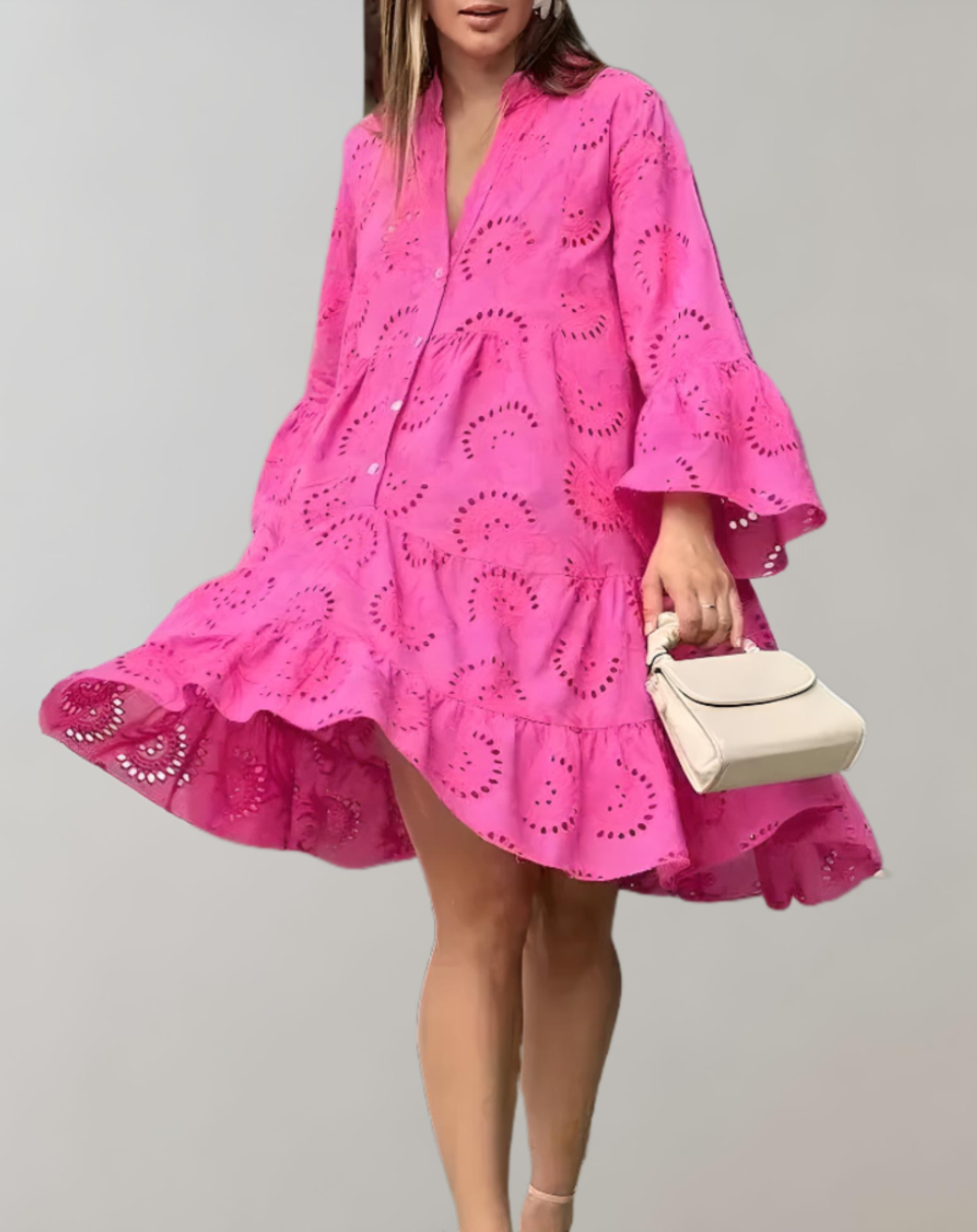 Beiges Casual-Kleid mit V-Ausschnitt und lockeren Ärmeln für einen lässigen Look